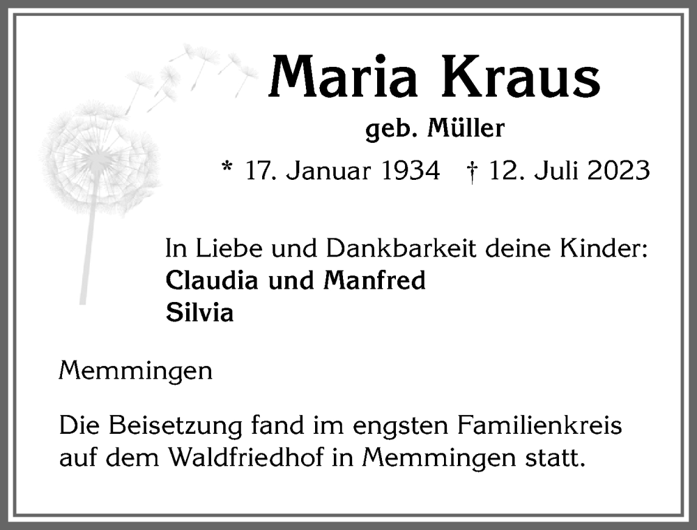 Traueranzeigen von Maria Kraus Allgäuer Zeitung