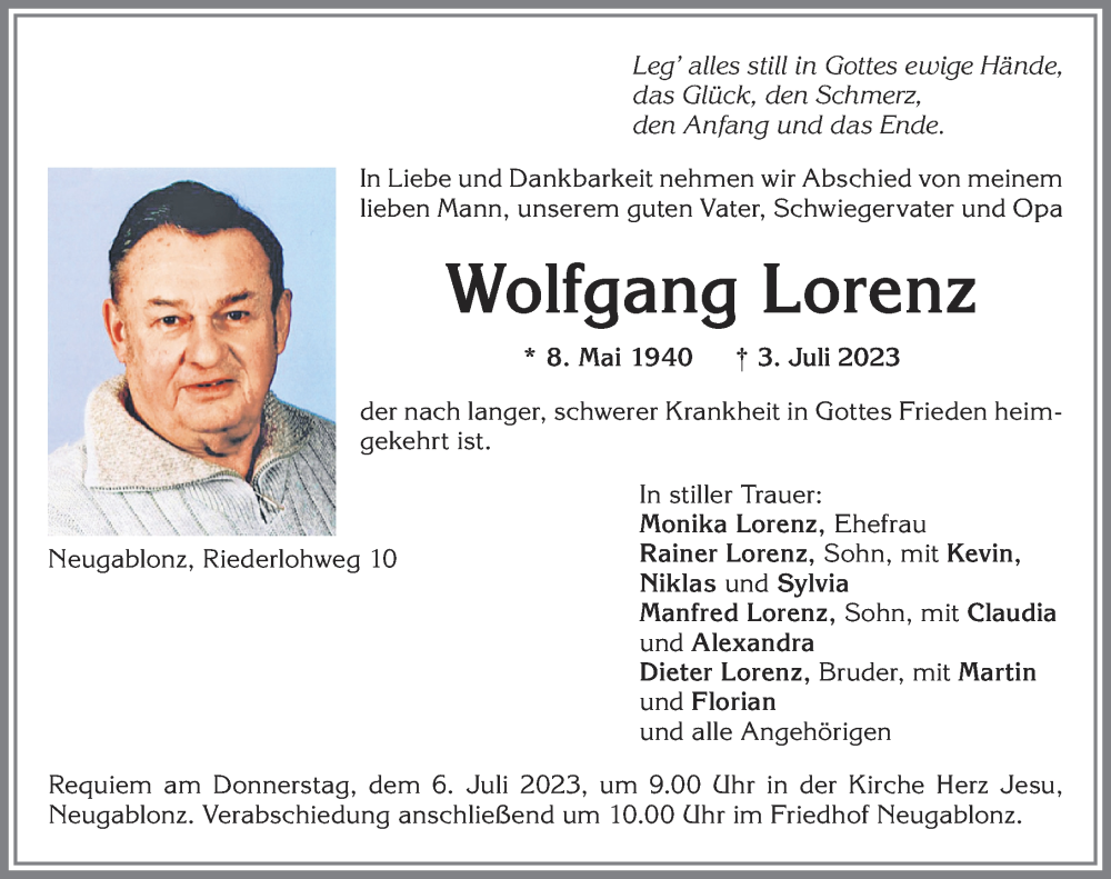 Traueranzeigen Von Wolfgang Lorenz Allg Uer Zeitung