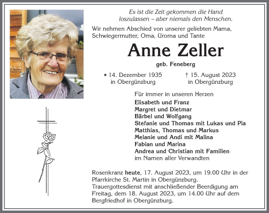 Traueranzeigen von Anne Zeller Allgäuer Zeitung