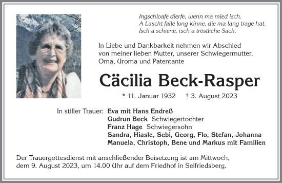 Traueranzeigen von Cäcilia Beck Rasper Allgäuer Zeitung