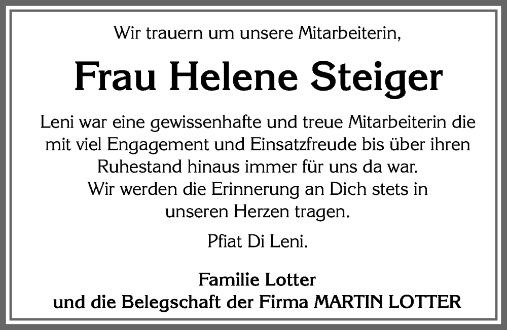 Traueranzeigen von Helene Steiger Allgäuer Zeitung