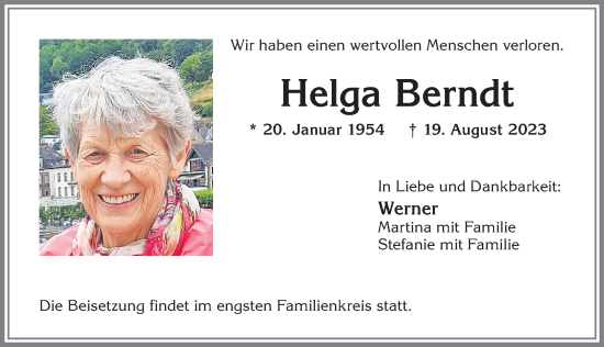 Traueranzeigen Von Helga Berndt Allg Uer Zeitung