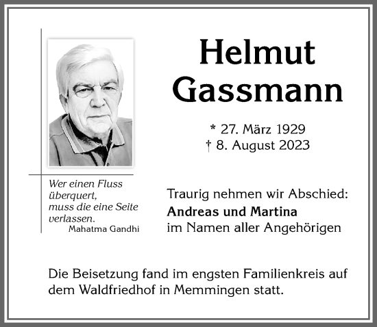 Traueranzeigen von Helmut Gassmann Allgäuer Zeitung