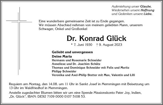 Traueranzeigen von Konrad Glück Allgäuer Zeitung