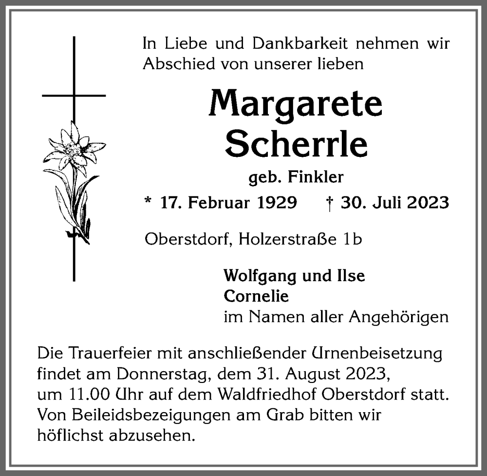 Traueranzeigen Von Margarete Scherrle Allg Uer Zeitung