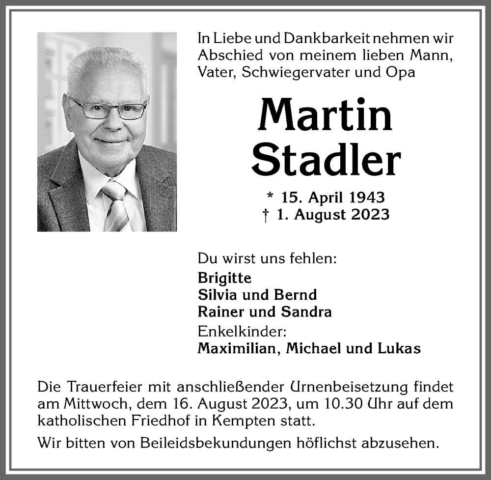 Traueranzeigen Von Martin Stadler Allg Uer Zeitung