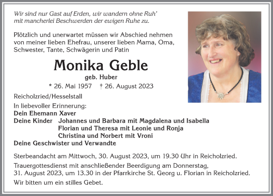 Traueranzeigen von Monika Geble Allgäuer Zeitung