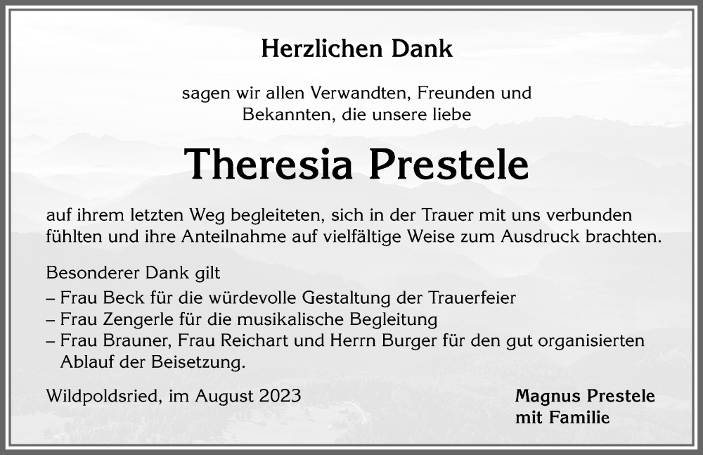 Traueranzeigen Von Theresia Prestele Allg Uer Zeitung