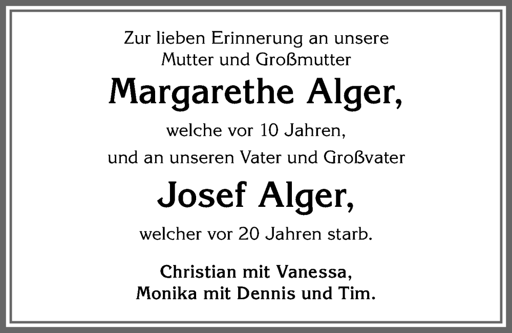 Traueranzeigen Von Margarethe Alger Allg Uer Zeitung