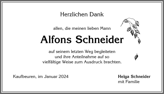 Traueranzeigen Von Alfons Schneider Allg Uer Zeitung