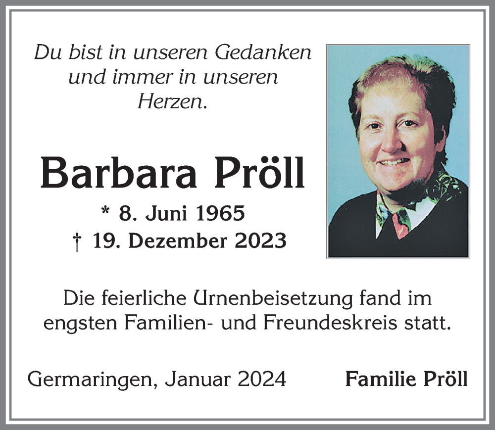 Traueranzeigen Von Barbara Pr Ll Allg Uer Zeitung