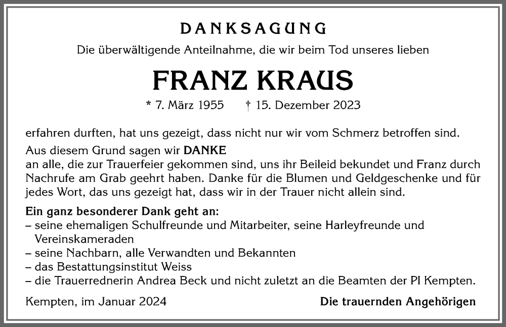 Traueranzeigen von Franz Kraus Allgäuer Zeitung