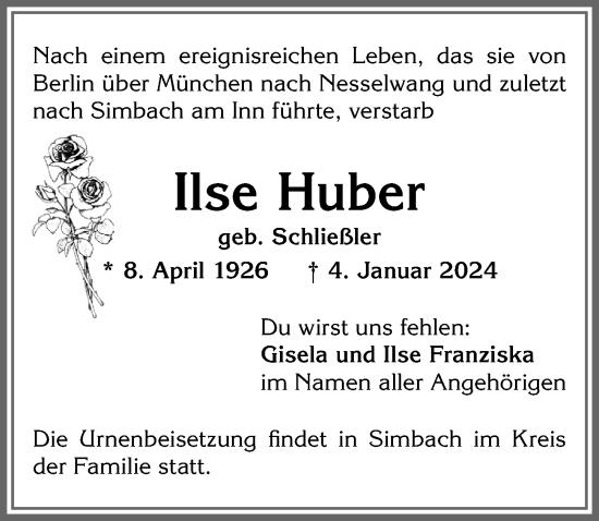 Traueranzeigen von Ilse Huber Allgäuer Zeitung