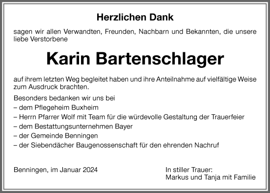 Traueranzeigen von Karin Bartenschlager Allgäuer Zeitung