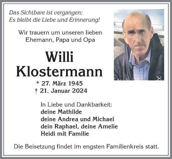 Traueranzeigen Von Willi Klostermann Allg Uer Zeitung