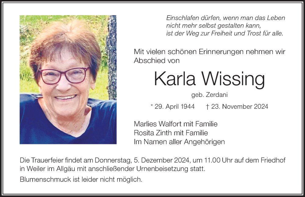 Traueranzeigen von Karla Wissing Allgäuer Zeitung