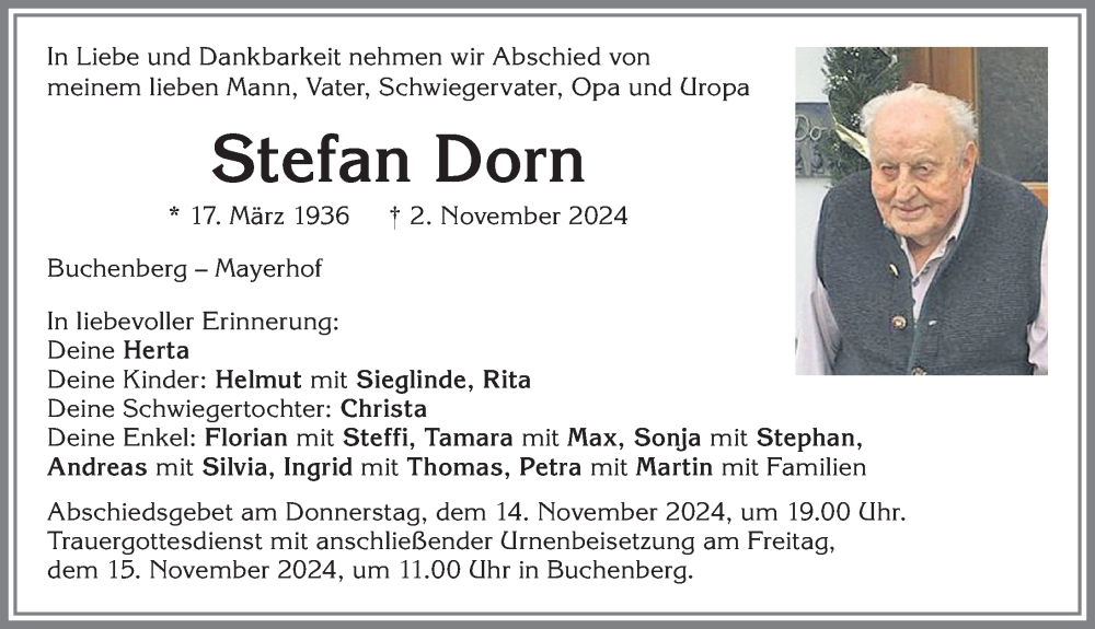 Traueranzeigen Von Stefan Dorn Allg Uer Zeitung