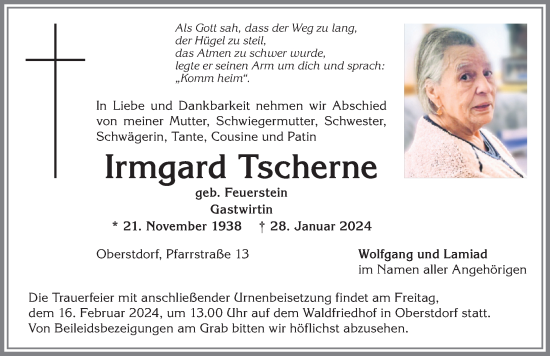 Traueranzeigen von Irmgard Tscherne Allgäuer Zeitung