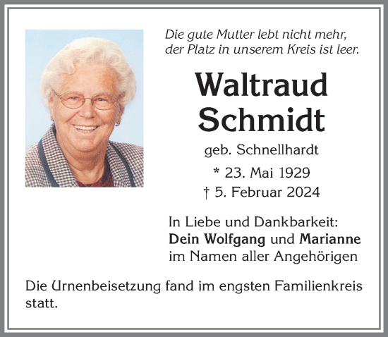 Traueranzeigen von Waltraud Schmidt Allgäuer Zeitung