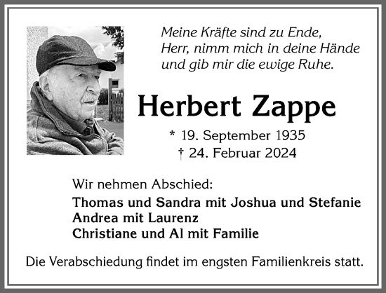 Traueranzeigen Von Herbert Zappe Allg Uer Zeitung