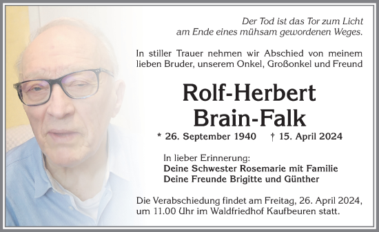 Traueranzeige von Rolf-Herbert Brain-Falk von Allgäuer Zeitung, Kaufbeuren/Buchloe