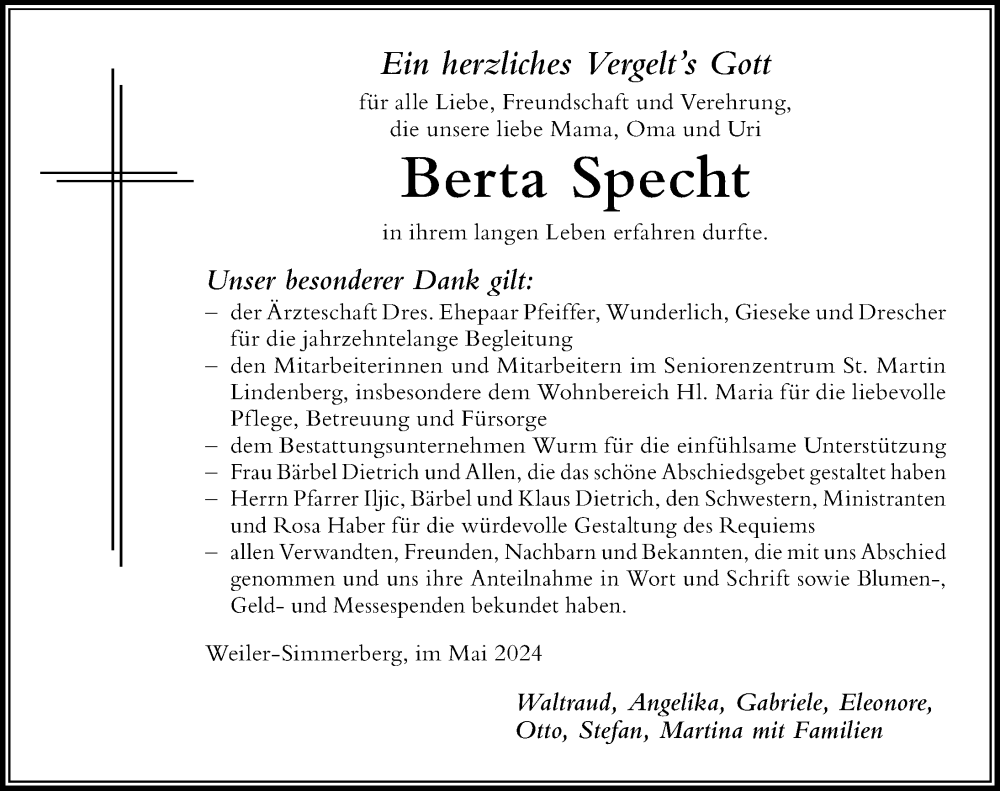 Traueranzeigen Von Berta Specht Allg Uer Zeitung