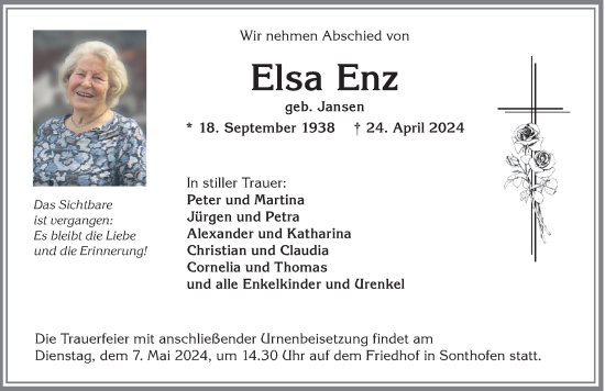 Traueranzeige von Elsa Enz von Allgäuer Anzeigeblatt