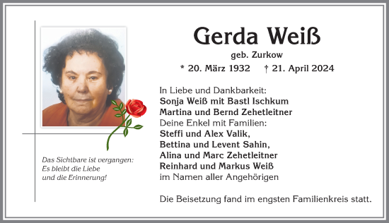Traueranzeige von Gerda Weiß von Allgäuer Anzeigeblatt
