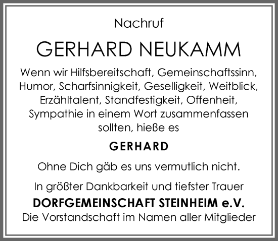 Traueranzeige von Gerhard Neukamm von Memminger Zeitung