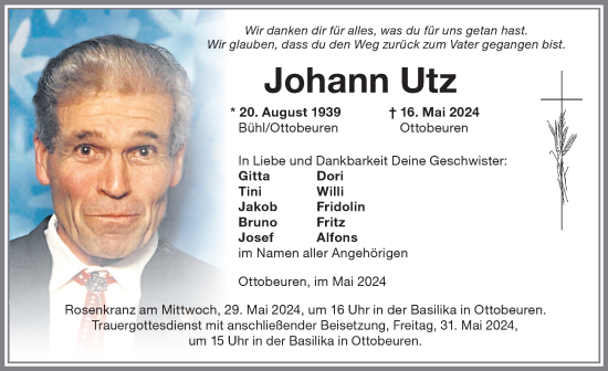 Traueranzeigen von Johann Utz Allgäuer Zeitung