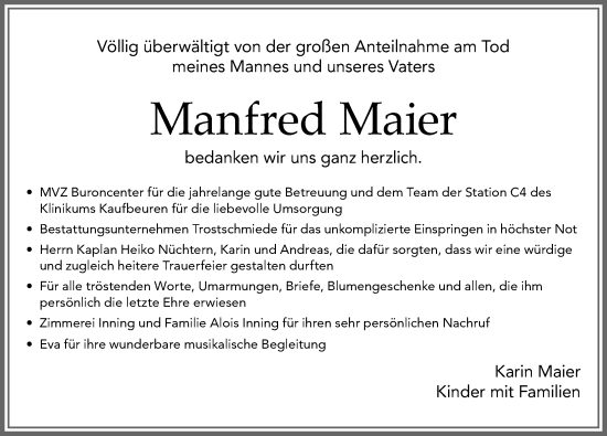 Traueranzeige von Manfred Maier von Allgäuer Zeitung, Kaufbeuren/Buchloe