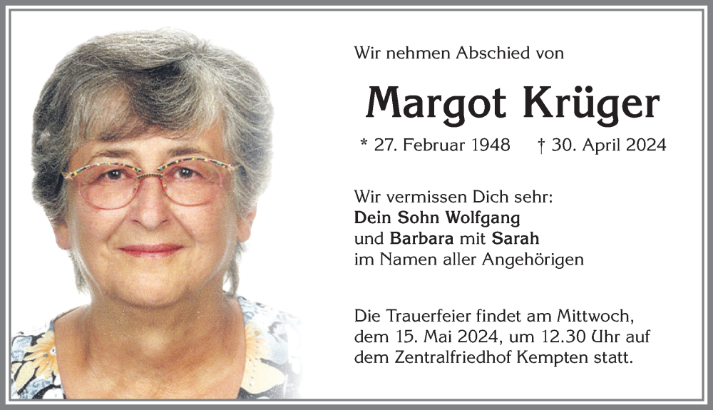 Traueranzeigen Von Margot Kr Ger Allg Uer Zeitung