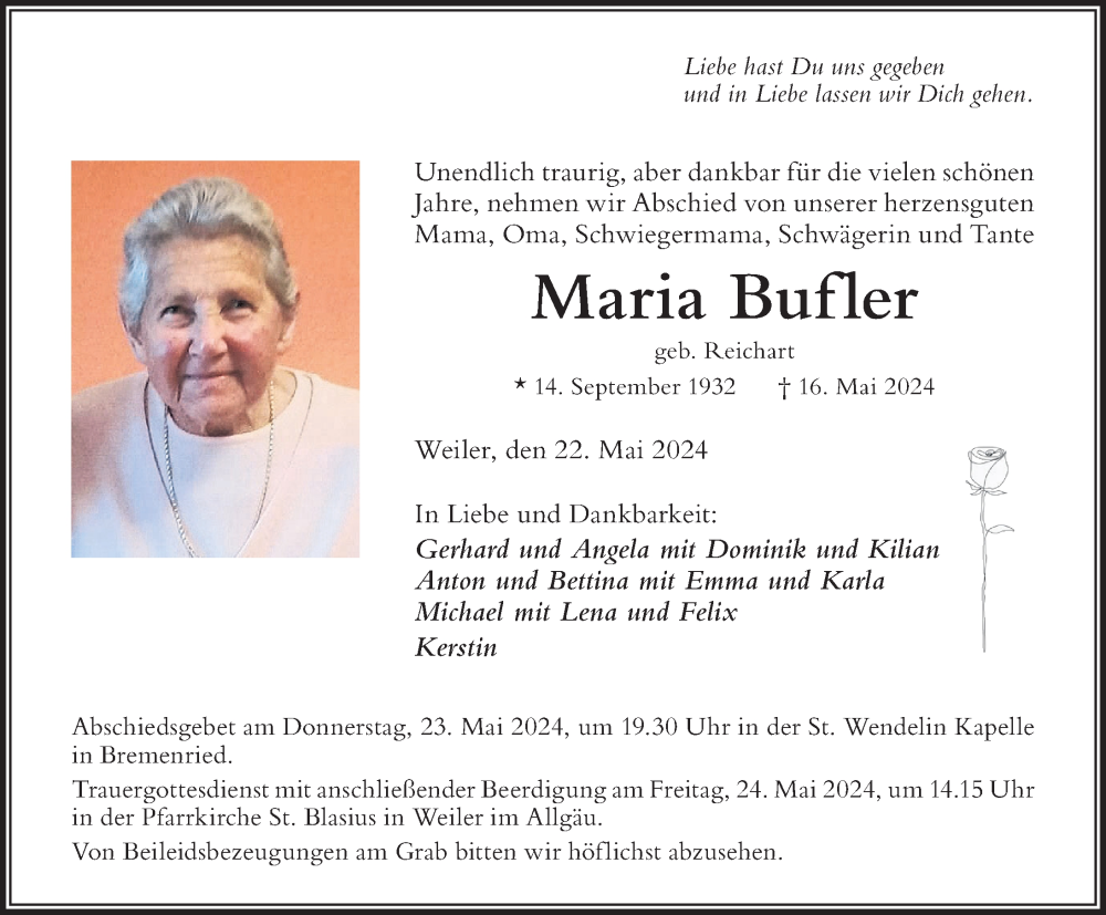 Traueranzeigen Von Maria Bufler Allg Uer Zeitung