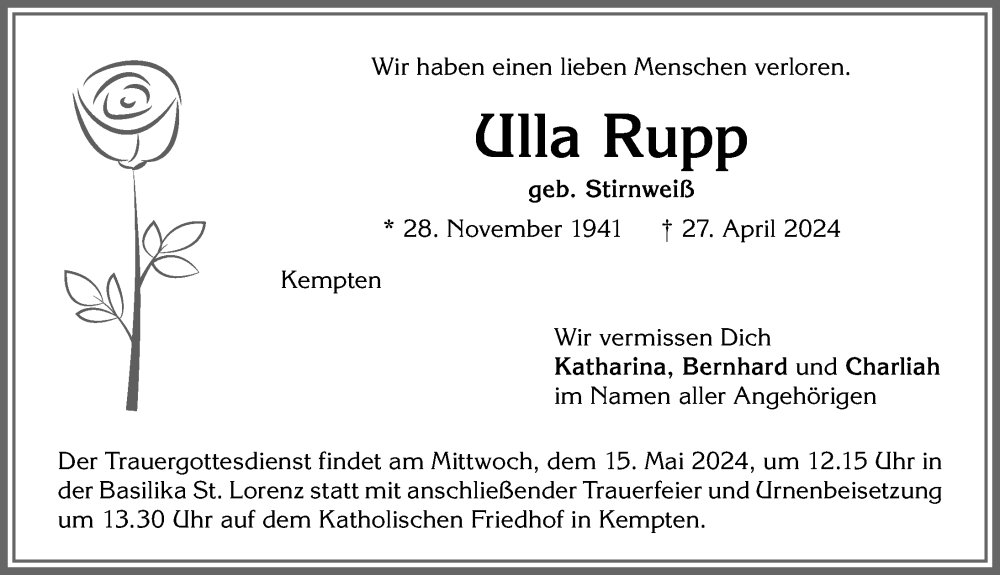 Traueranzeigen Von Ulla Rupp Allg Uer Zeitung