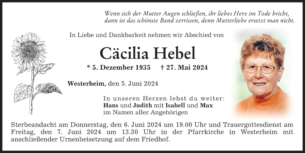 Traueranzeigen von Cäcilia Hebel Allgäuer Zeitung