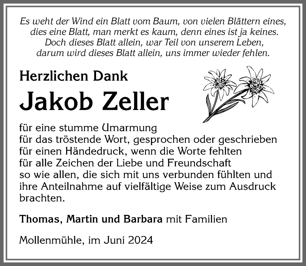 Traueranzeigen von Jakob Zeller Allgäuer Zeitung