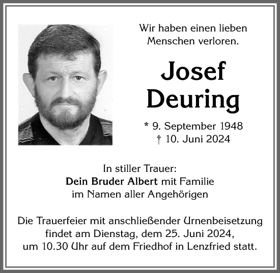 Traueranzeigen Von Josef Deuring Allg Uer Zeitung