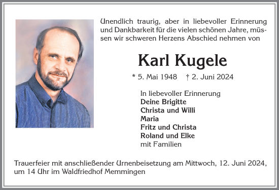 Traueranzeigen Von Karl Kugele Allg Uer Zeitung