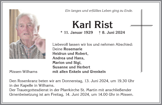 Traueranzeigen Von Karl Rist Allg Uer Zeitung