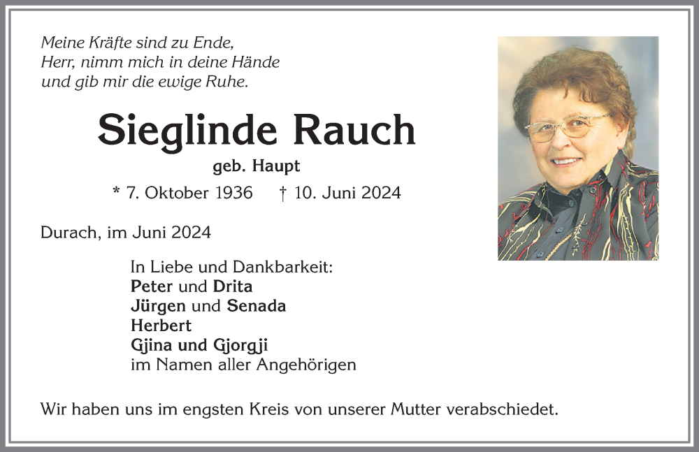 Traueranzeigen von Sieglinde Rauch Allgäuer Zeitung