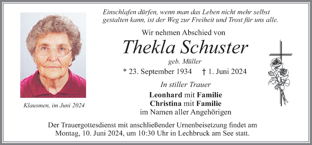 Traueranzeigen Von Thekla Schuster Allg Uer Zeitung