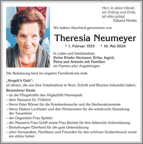 Traueranzeigen Von Theresia Neumeyer Allg Uer Zeitung