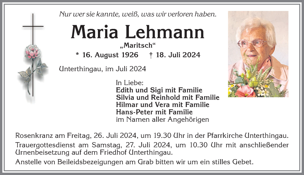 Traueranzeigen von Maria Lehmann Allgäuer Zeitung