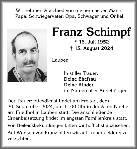 Traueranzeigen von Franz Schimpf Allgäuer Zeitung