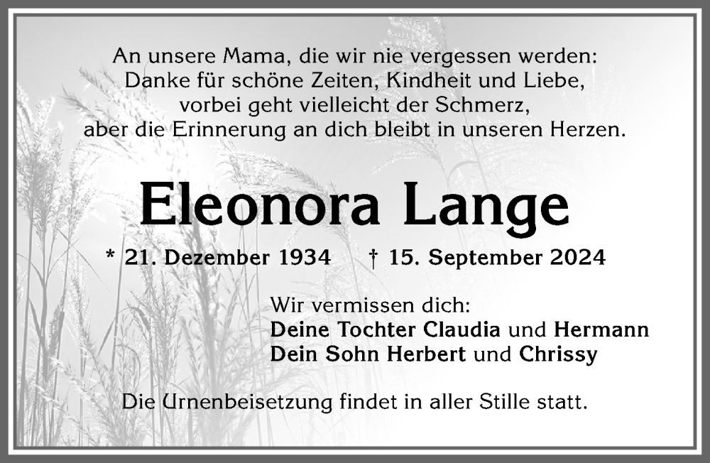 Traueranzeigen von Eleonora Lange Allgäuer Zeitung