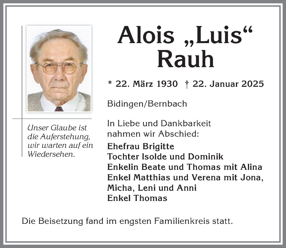 Traueranzeigen Von Alois Rauh Allg Uer Zeitung