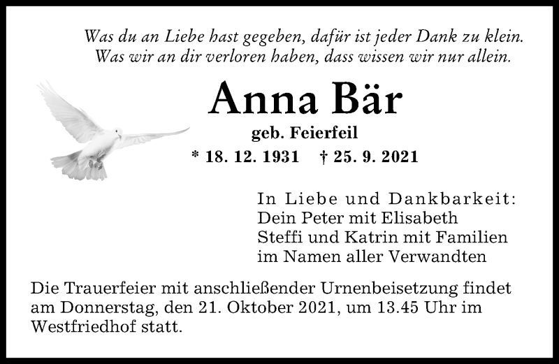 Traueranzeigen von Anna Bär Allgäuer Zeitung