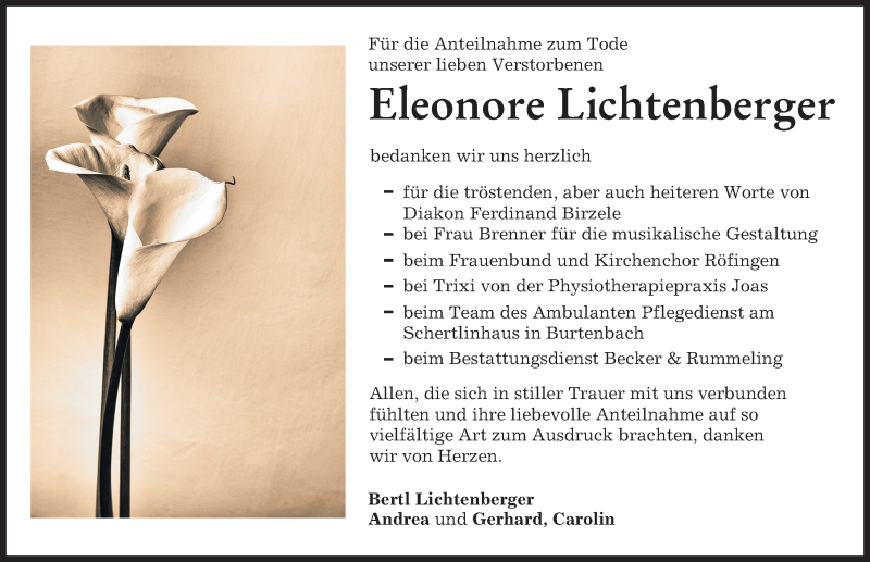 Traueranzeigen von Eleonore Lichtenberger Allgäuer Zeitung