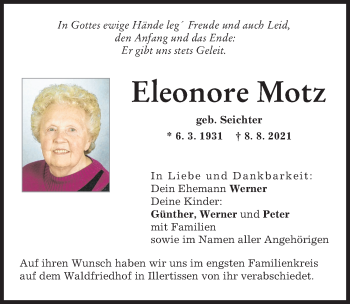 Traueranzeigen Von Eleonore Motz Allg Uer Zeitung