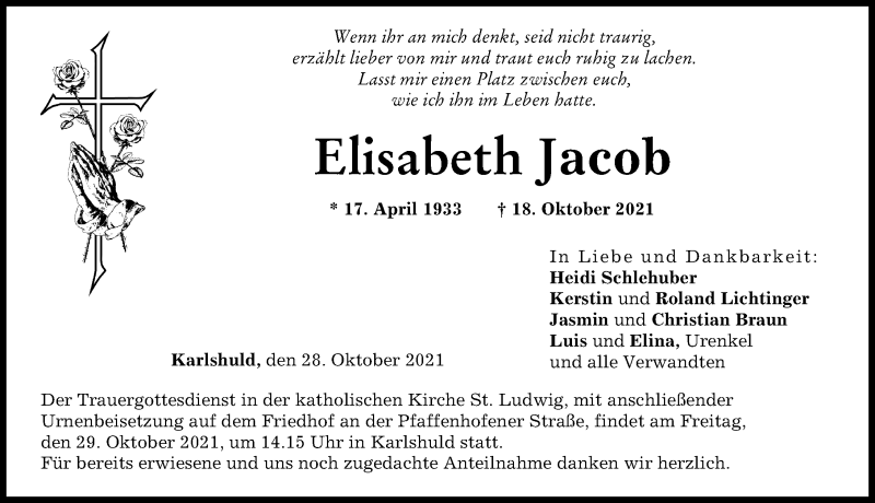 Traueranzeigen Von Elisabeth Jacob Allg Uer Zeitung